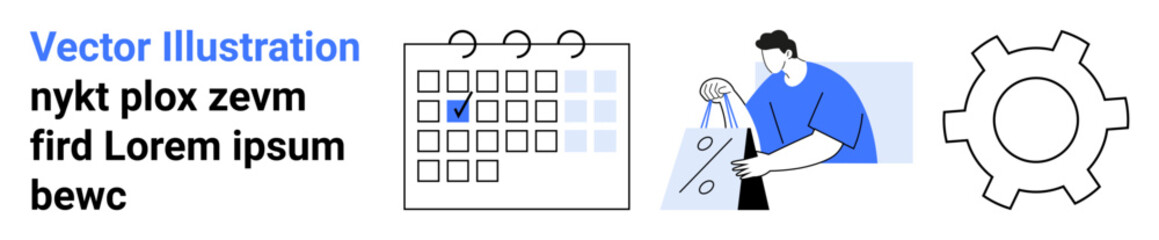 Calendar with check-marked date, person holding shopping bags, gear icon, placeholder text. Ideal for scheduling, e-commerce, organization, planning workflow automation productivity. Landing page