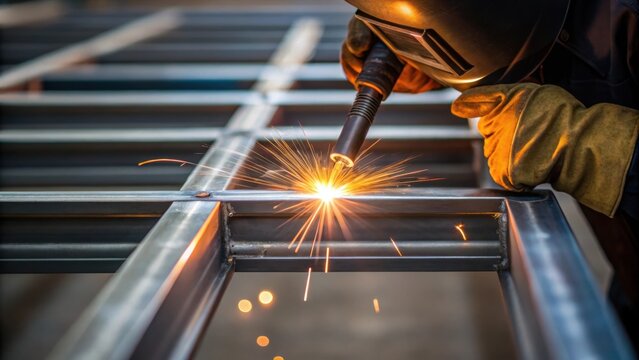 A closeup image centers on a worker wielding a hot welding torch the bright flame contrasting with the metallic structure being assembled capturing the intense focus and precision