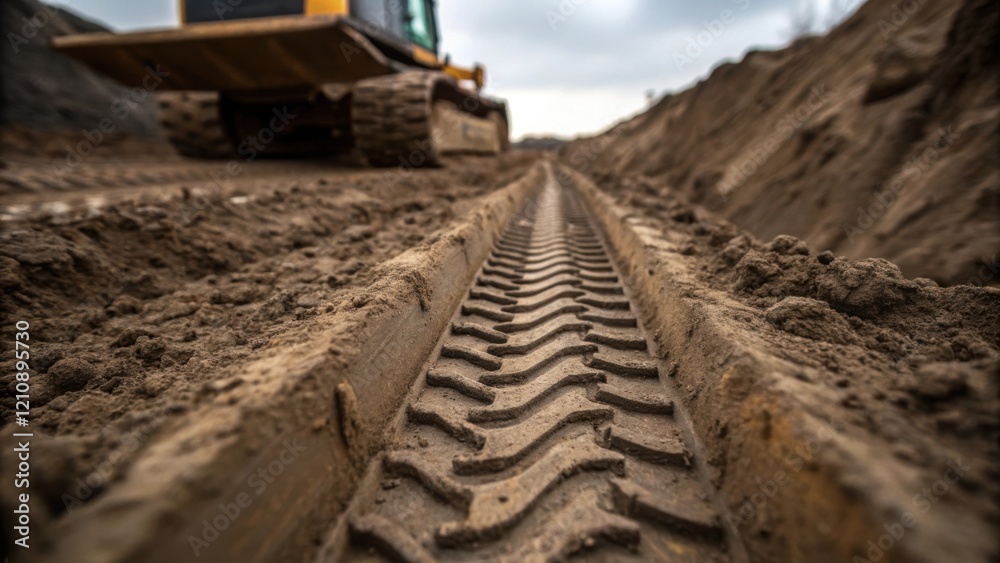 Poster a closeup image of a tire track left by the heavy machinery on a muddy surface illustrating the weig