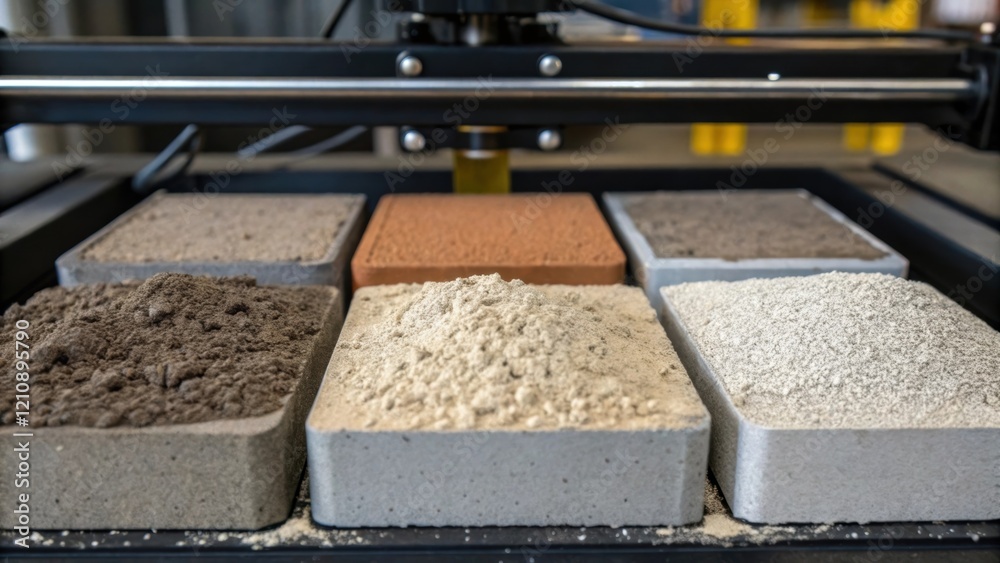 Aufkleber A closeup image of various concrete mixtures being loaded into a 3D printer with grains and textures visible emphasizing the material science involved in optimizing 3D printing for