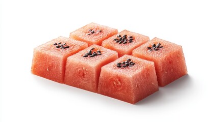 High-definition close-up of freshly cut watermelon slices arranged in a star shape, vibrant red flesh with black seeds, clean white background, summer freshness concept
