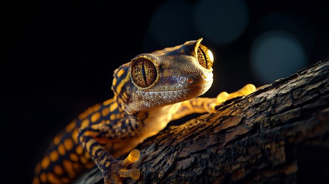 High-definition macro shot of a gecko hidden on tree bark, fine textures of bark and gecko's scale details creating a perfect natural illusion, cryptic survival imagery