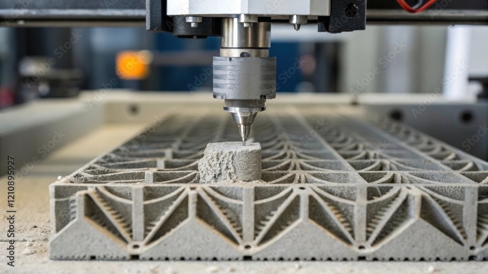 Aufkleber A closeup of a 3D printer extruding concrete with intricate patterns emerging layer by layer showcasing the integration of additive manufacturing in construction.
