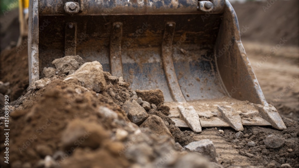 Poster A closeup image shows the sharp edges of the excavators bucket ting through layers of earth. Mud and stones are caked on illustrating the challenging conditions of the trenching