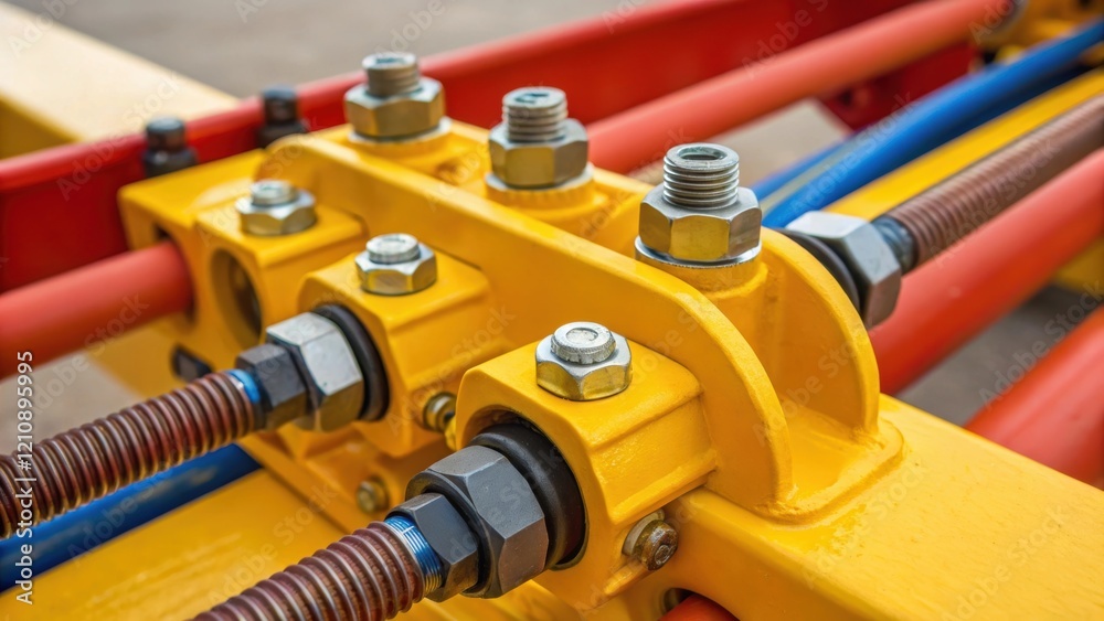 Poster a closeup of a brightly colored connector piece its bolts and fittings visible representing the engi