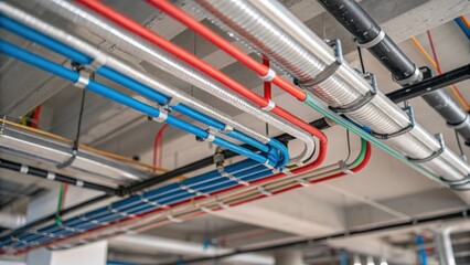 A closeup inspection of mechanical electrical and plumbing MEP layouts showcasing ductwork wiring routes and plumbing fixtures in a complex network.