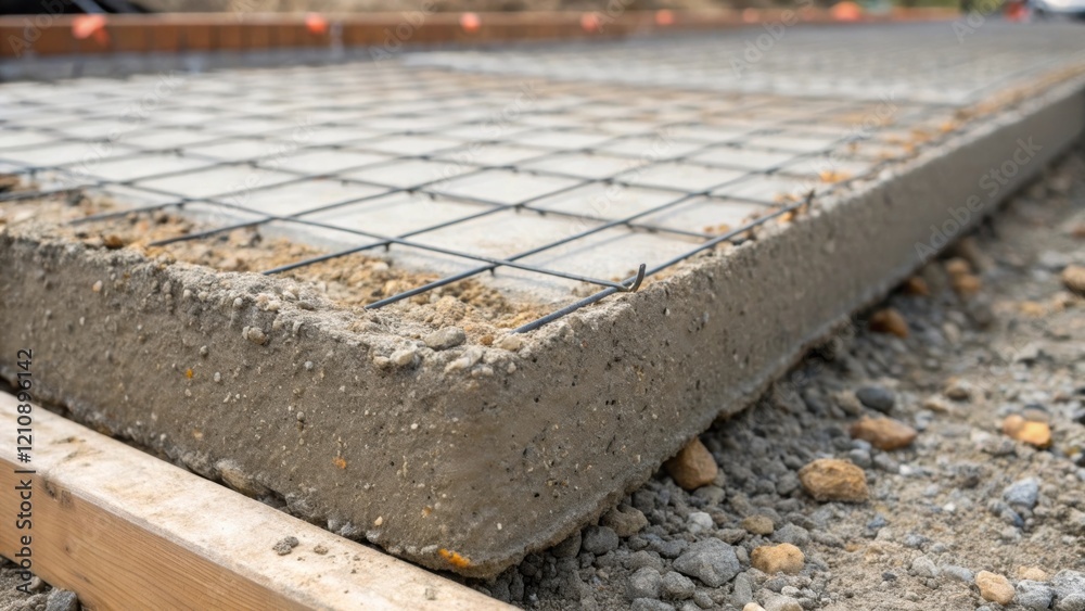 Aufkleber A closeup of a concrete foundation layer being printed on a building site showing the layered buildup of material on a grid base with small rocks and aggregates visible within the