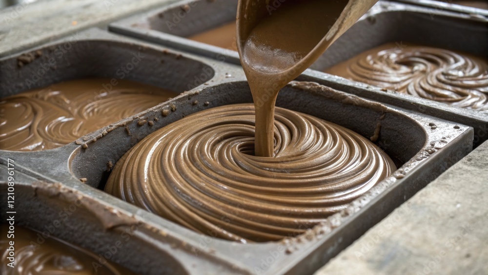 Aufkleber a closeup of a concrete mixer pouring foundation material into preformed molds with the mix swirling