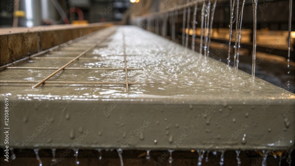 Poster A closeup of a concrete slab being poured into a mold with droplets glistening as they cascade down demonstrating the texture and depth of the preparation for a large tunnel.