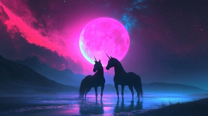 A serene moment of two unicorns under a glowing pink and blue moon, holographic light reflections, sci-fi fantasy blend, surreal atmosphere