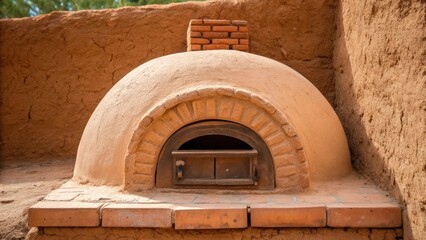 A closeup of a clay oven embedded within an earthen wall highlighting the functional design and the use of thermal properties to maintain heat representing the fusion of utility