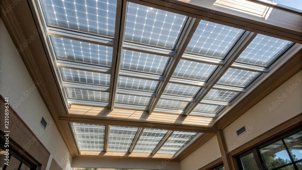Poster A closeup of a courtyard skylight embedded with translucent solar cells capturing the interplay of light and energy as it filters into the indoor space below.