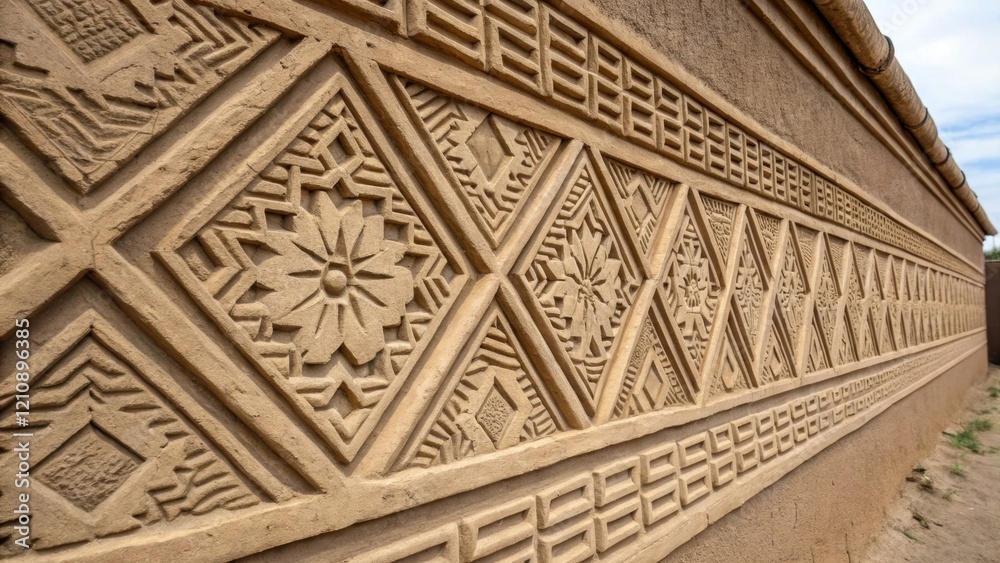 Aufkleber A closeup of a decorative mud plaster with intricate geometric patterns applied to an exterior wall illustrating the fusion of aesthetics and functionality in indigenous