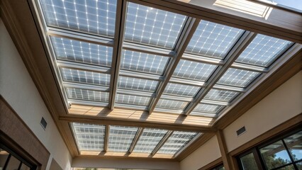 Obraz premium A closeup of a courtyard skylight embedded with translucent solar cells capturing the interplay of light and energy as it filters into the indoor space below.