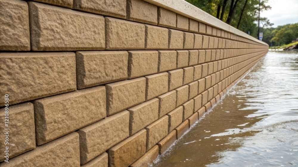 Poster A closeup of a flood control wall made from interlocking bricks with waterresistant coating displaying the textured surface and the top edge that prevents water from breaching the