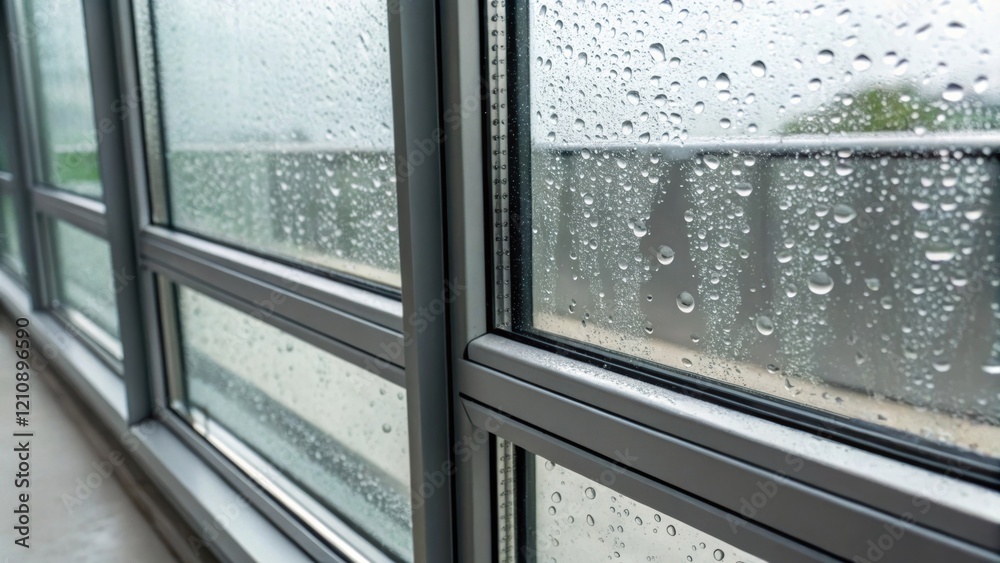 Poster a closeup of a floodresistant window illustrating tempered glass and reinforced frames with water dr