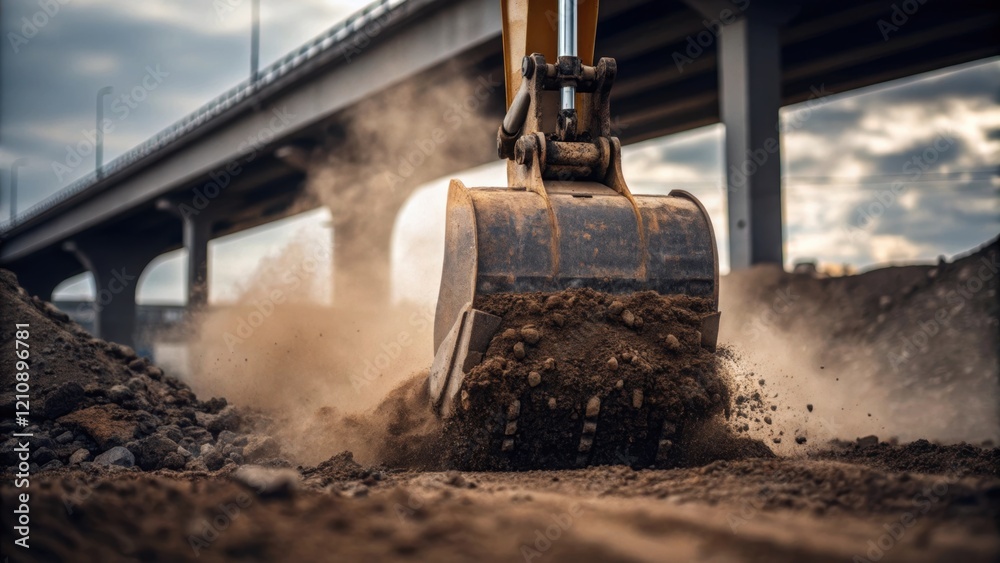 Aufkleber a closeup of a heavyduty excavator digging into the earth near a bridge support with dirt and gravel