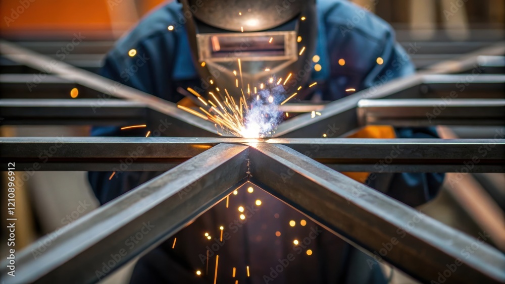 Poster a closeup of a metal framework being welded together with sparks flying and a technician in protecti