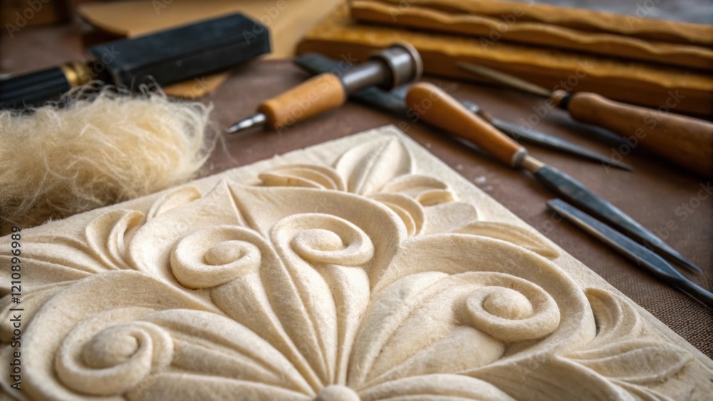 Poster a closeup of an artisan carving insulation from sheeps wool highlighting the natural fibers. the sof
