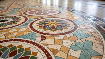 A closeup of a mosaic tile pattern on a floor featuring a kaleidoscope of colors and geometric shapes that blend harmoniously highlighting the artistry in each individual tile.