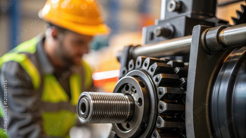 Poster A closeup of an intricately designed piece of machinery with a worker in the background adjusting settings emphasizing the collaboration between skill and technology in