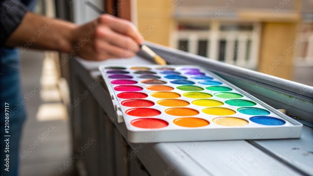 Poster A closeup of a paint palette resting on a ledge containing a spectrum of vivid colors while a painters hand is poised to choose the next shade embodying the decisionmaking and