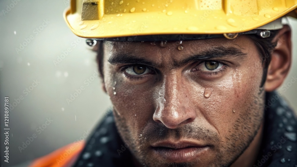 Poster a closeup of a painters face focused and intent with droplets of sweat visible under their hard hat 