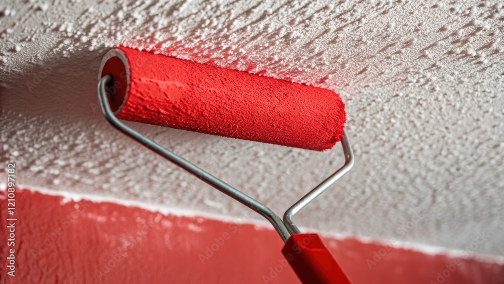 Aufkleber a closeup of a paint roller covered in bright red paint as it rolls against a textured ceiling the p