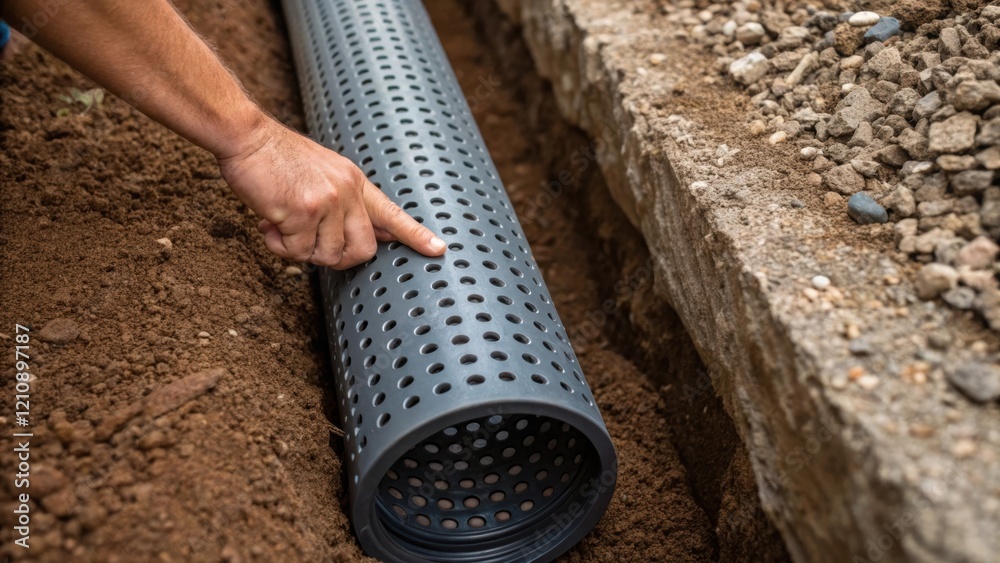 Poster A closeup of a perforated drainage pipe with soil and aggregate surrounding it demonstrating the flow design while a hand reaches in to adjust the positioning for optimal water