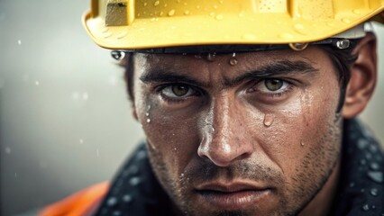 A closeup of a painters face focused and intent with droplets of sweat visible under their hard hat reflecting the determination and physical effort required to bring vibrancy to