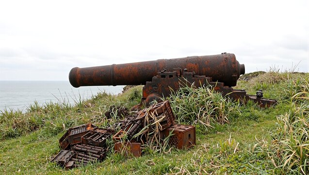 Rusting battleship cannon on cliff edge amidst overgrown grass and rusty munitions crates