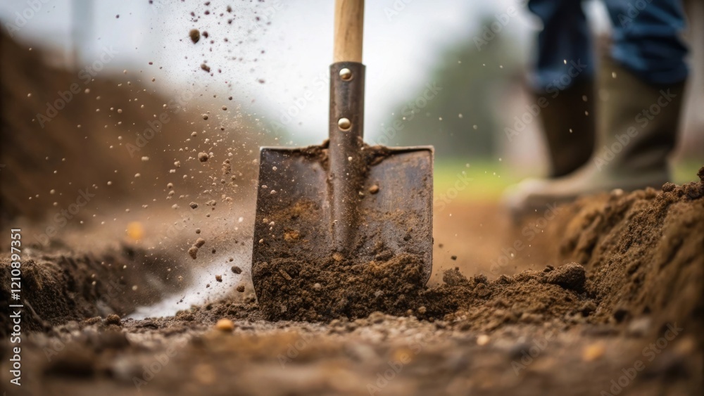 Poster A closeup of a shovel digging into the ground to remove soil for a drainage trench with soil particles flying in the air and the determination visible on the workers face capturing