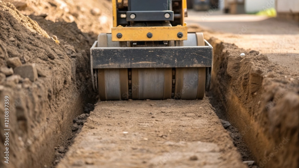 Poster A closeup of a soil compactor at work pressing down on loose earth near a freshly laid sewer line. The vibration of the machine is evident in the surrounding soil particles