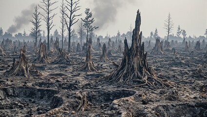 Post battlefield with charred stumps and craters thick with acrid smoke