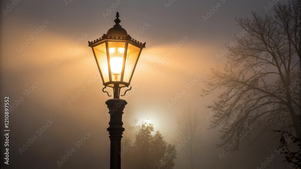 Poster a closeup of a street lamp partially obscured by smog its warm light struggling to trate the thick a
