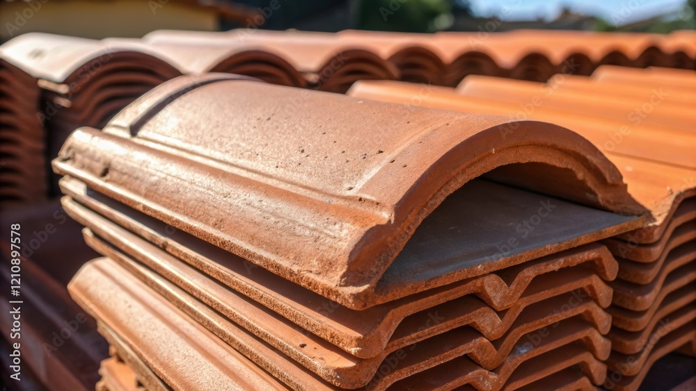 Poster a closeup of a terracotta tile resting on a stack glistening slightly in the sunlight emphasizing th