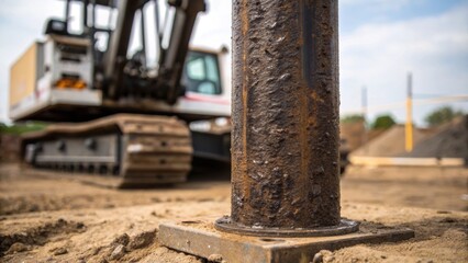 A closeup of a steel pile its surface rough and coated with a layer of grease positioned upright in a pile driver ready for insertion into the ground emphasizing the immense