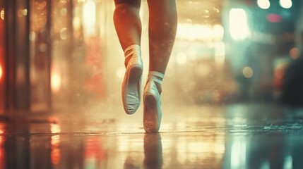 Fototapeta premium Ballerina runs city street night rain