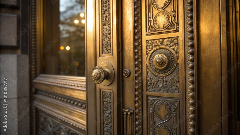Poster a closeup of a vintage door crafted from polished brass with intricate engravings and an ornate desi