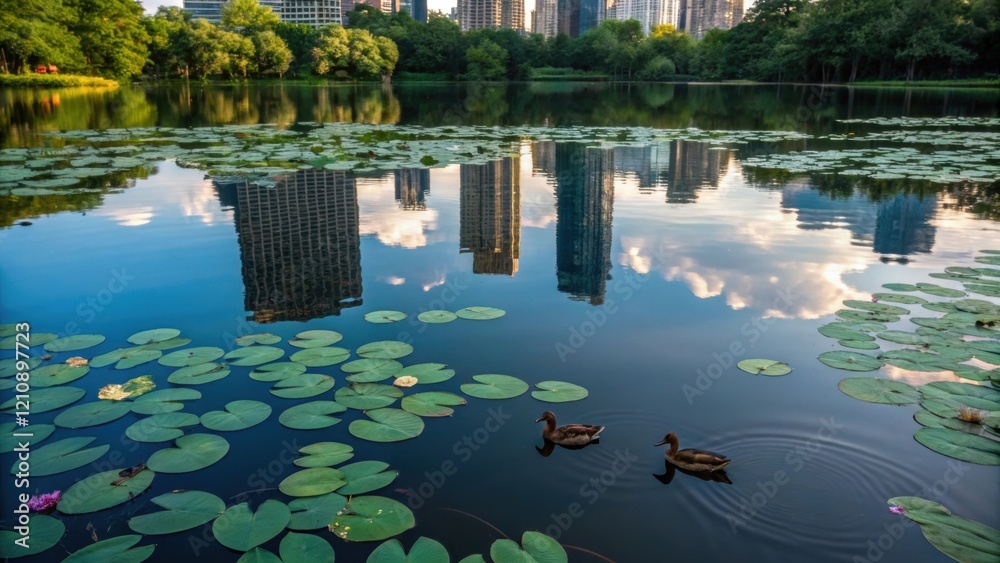 Aufkleber A closeup of a tranquil pond with lily pads floating on its surface the water reflecting the skyline above while ducks paddle leisurely creating a peaceful oasis in the midst of