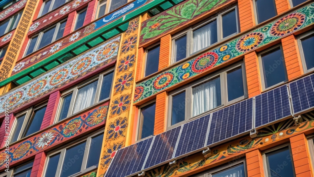 Poster A closeup of a vibrant urban building where solar panels are artfully incorporated into decorative exterior elements adding color and pattern. This fusion of art and renewable