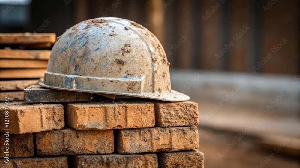 Aufkleber A closeup of a weathered helmet resting on a stack of bricks with a hint of mud splattered on the side symbolizing the hard work and dedication of construction crews in
