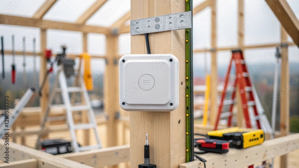 Poster a closeup of a weatherproof iot sensor installed on a building framework surrounded by tools and equ