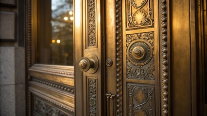 A closeup of a vintage door crafted from polished brass with intricate engravings and an ornate design reflecting soft light that creates a warm glow.