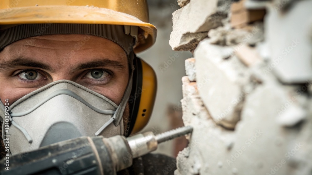 Poster a closeup of a workers face partially obscured by a dust mask showing their determination and concen