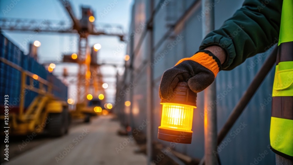 Poster a closeup of a workers gloved hand gripping a glowing safety light with the blurred outlines of mach
