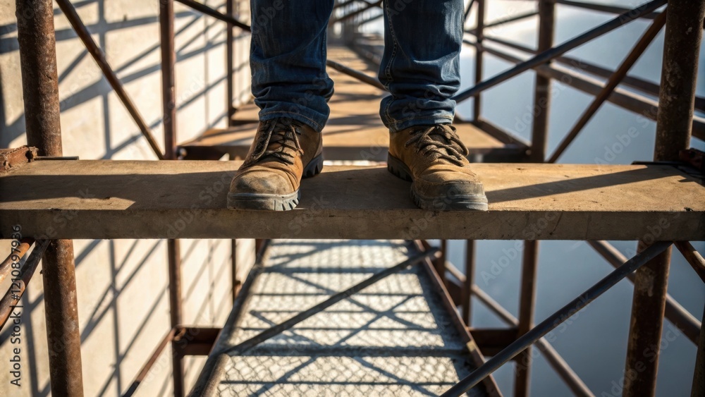 Aufkleber A closeup of a workers feet on a narrow scaffolding plank emphasizing the height and precariousness of the environment with shadowed legs of the scaffold creating a geometric