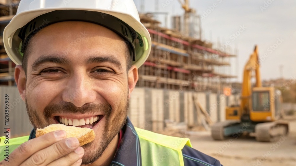 Poster a closeup of a workers face grinning as he takes a bite of a homemade meal with the construction sit