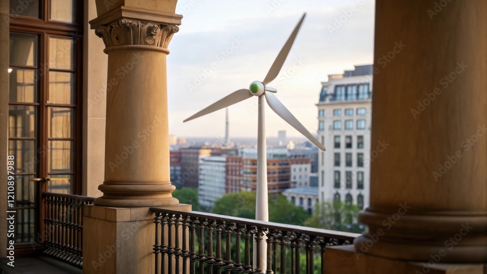 Aufkleber a closeup of a wind turbine cleverly positioned within a buildings architectural elements blending s