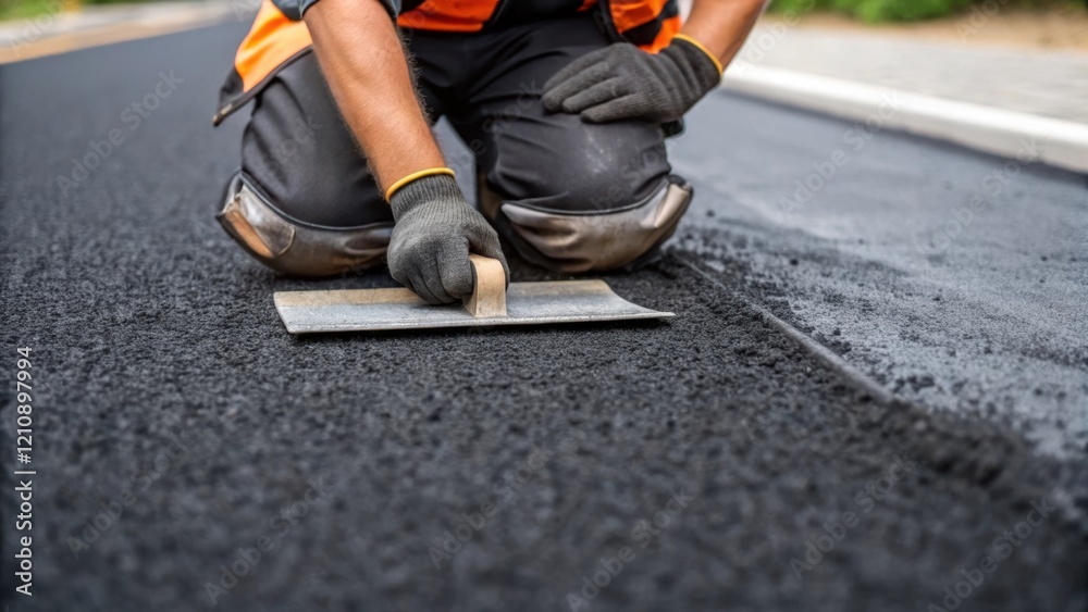 Poster a closeup of a worker kneeling beside the freshly paved road their knee pad resting on the asphalt a